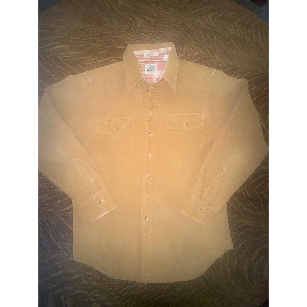 Vintage 80s Woolrich Tan Corduroy Button Up Shirt Plaid Lined Collar Men's M